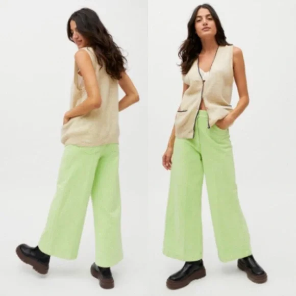 Urban Outfitters ‘Lena’ High Rise Wide Leg Pants in Lime - Picture 1 of 10